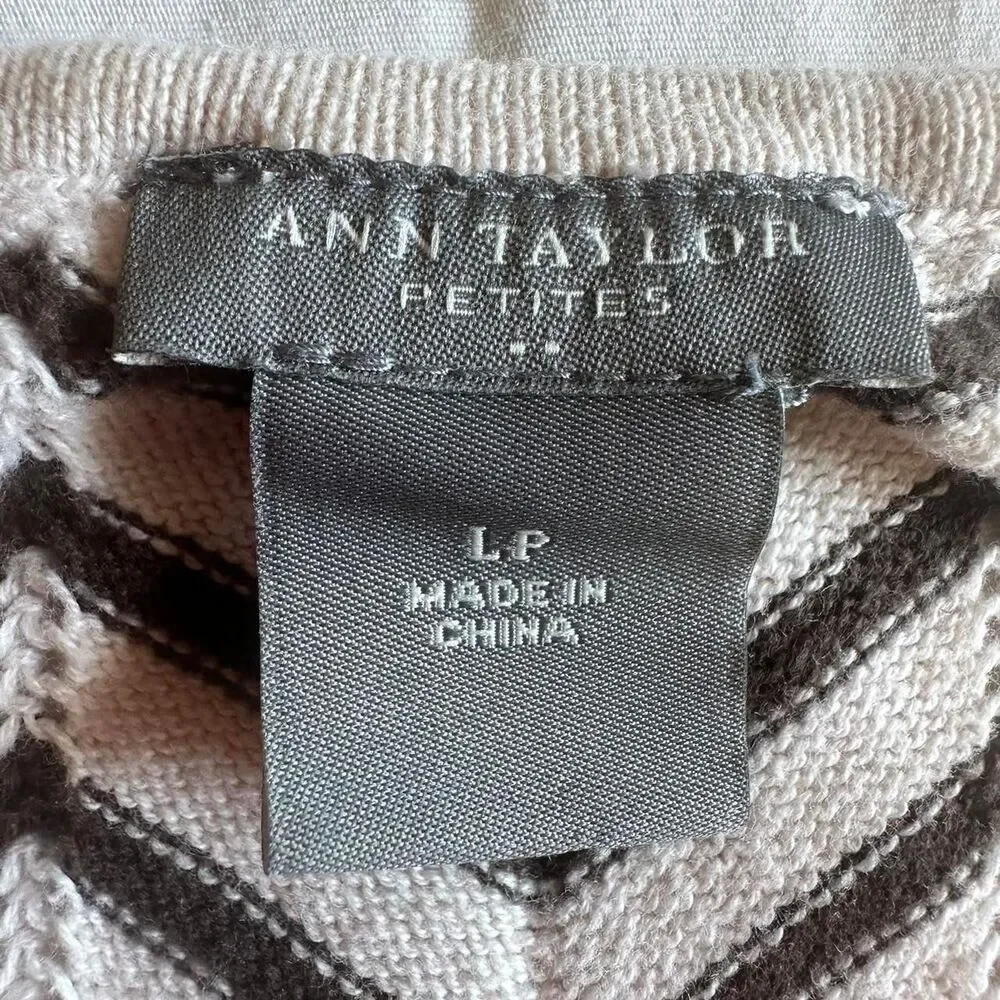 Ann Taylor White & Brown Chevron Square Neck Short‎ Sleeve Sweater Sz PL Twee